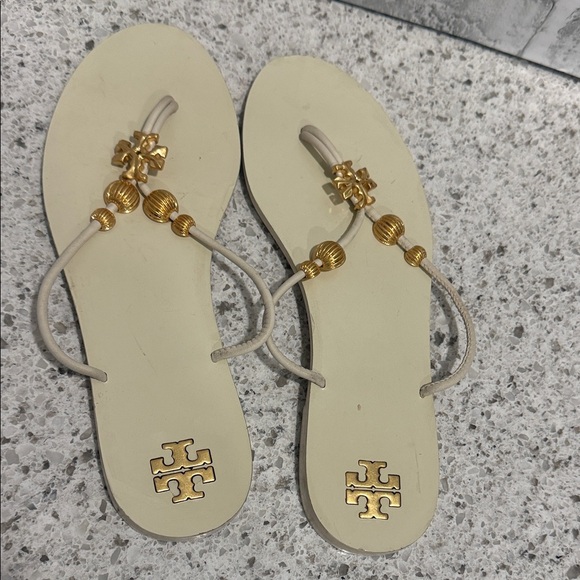 Tory Burch Cream and Gold Beaded Leather Sole Sandals - Picture 5 of 6